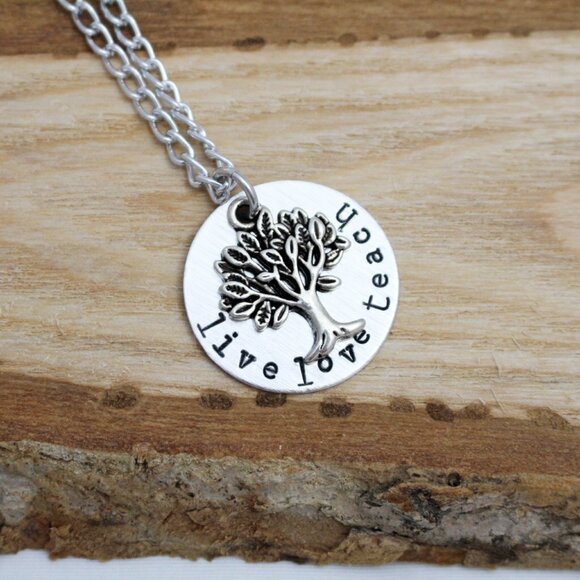 Live Love Teach - Hand Stamped Pendant Necklace - Handmade & Hypoallergenic - Picture 2 of 5